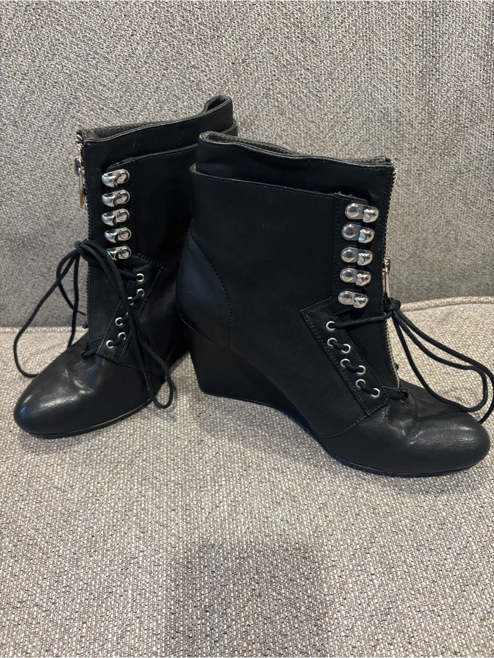 Maje Black Wedge Ankle Boots with Silver Stud Accents